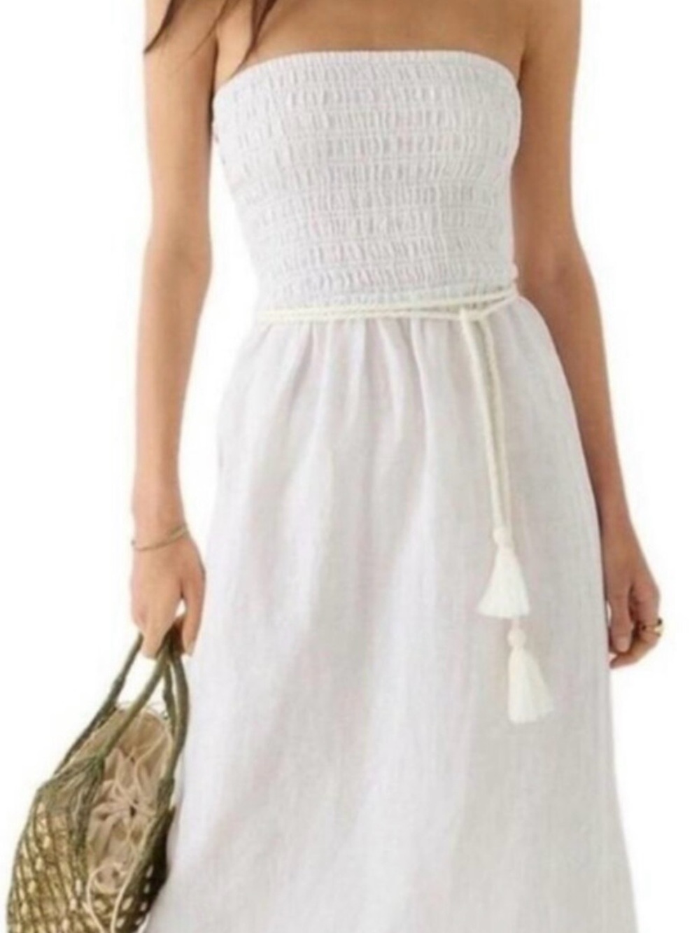 JCrew linen Strapless White Smocked Midi Dress with Tassel Belt